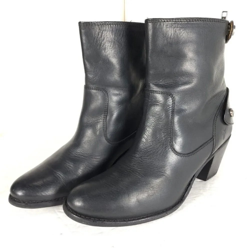 Frye Women's Jackie Short US8B Black Leather Back Zip Ankle Booties Boots
